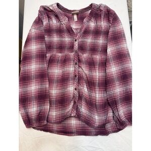 Knox Rose Plaid Smocked Tunic Shirt Burgundy White Womens  XXL